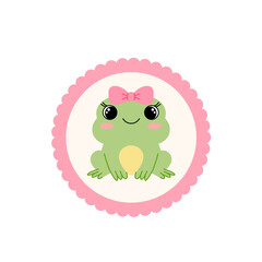 Obraz premium Portrait of baby girl frog character with a pink bow in a round frame.