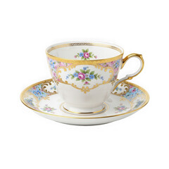 Fototapeta premium Elegant vintage porcelain tea cup and saucer set with delicate colorful floral patterns and gold rim details