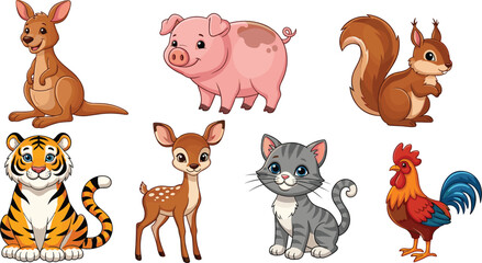 Collection of detailed cute cartoon animal vector characters including kangaroo tiger deer squirrel and rooster for children educational books and nursery wall art. © MdJillur