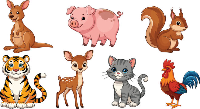 Collection of detailed cute cartoon animal vector characters including kangaroo tiger deer squirrel and rooster for children educational books and nursery wall art.