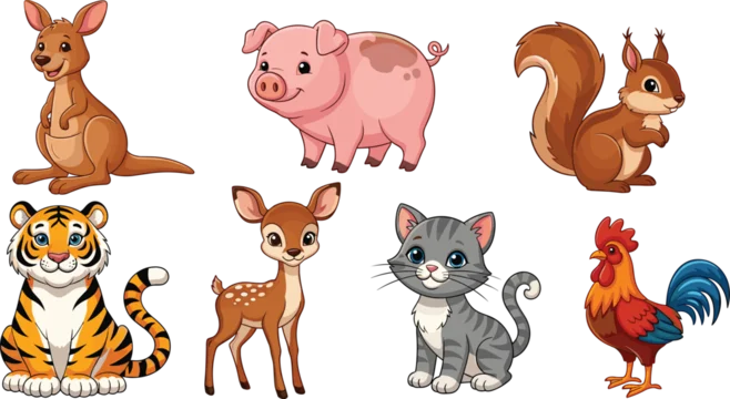 Collection of detailed cute cartoon animal vector characters including kangaroo tiger deer squirrel and rooster for children educational books and nursery wall art.