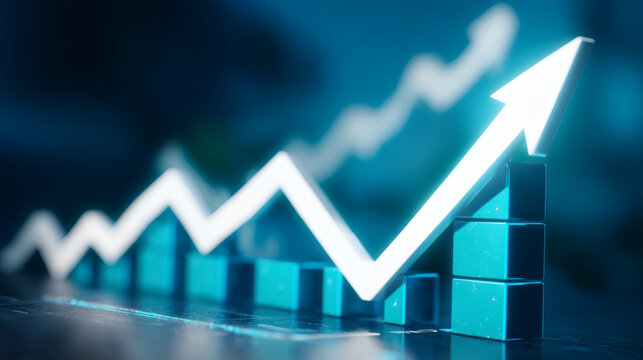 financial growth concept with upward moving graph on blue digital interface, clean UI elements and glowing data lines, minimal modern composition with strong negative space, realistic commercial 