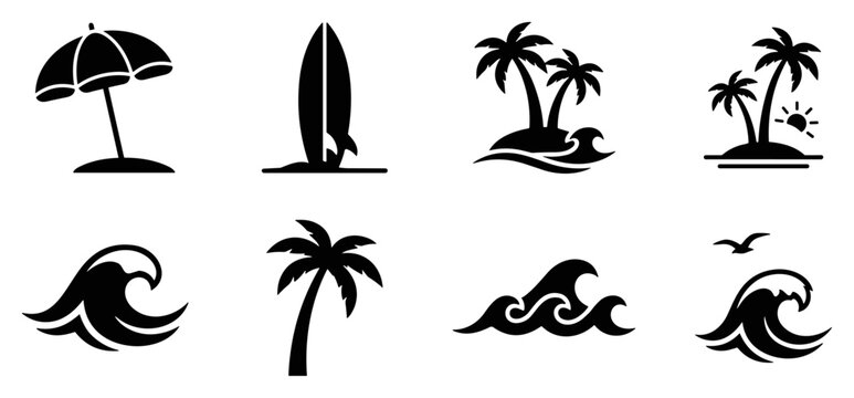 Black summer beach icons set with umbrella surfboard palm tree waves and island silhouettes on transparent background