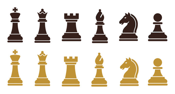 Set of black and gold chess pieces including king, queen, rook, bishop, knight, and pawn icons on transparent background