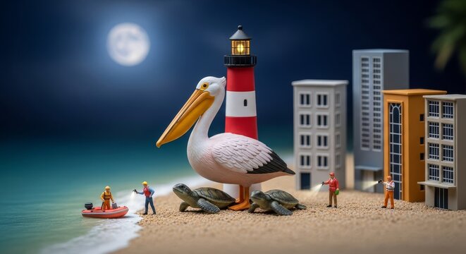 Miniature Rescue Workers Aid Pelicans and Turtles on a Moonlit Beach Beside a Lighthouse