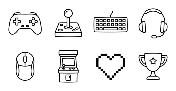 Set of hand drawn gaming icons including controller, joystick, keyboard, headset, mouse, arcade machine, pixel heart, and trophy on transparent background