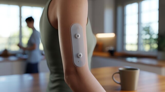 Wearable Smart Patch on Forearm with Blurred Background Health Monitoring