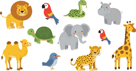 Large collection of cute cartoon safari animal vector characters featuring lion elephant giraffe leopard camel and tropical birds for kids' educational nursery wall art. © MdJillur