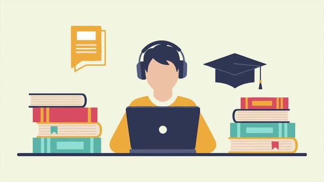 Young person wearing headphones working on a laptop computer with a notification icon showing a message or document update in a flat vector illustration style