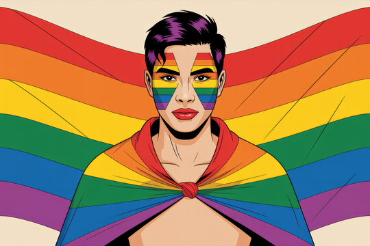 Pop art portrait of young man with rainbow face paint and rainbow stripes background LGBTQ pride