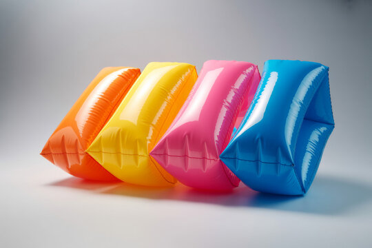 Colorful inflatable cushions or pool floats in rainbow colors orange yellow pink blue summer fun