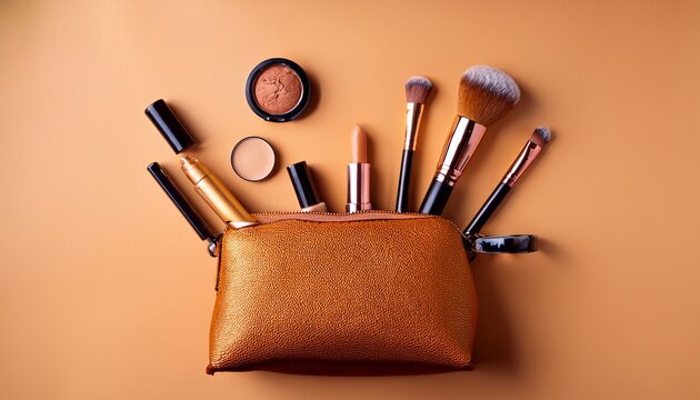 minimal makeup flat lay with cosmetic bag on warm background