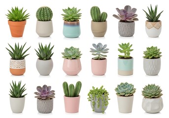 Fototapeta premium Colorful assortment of potted succulents and cacti for home decoration isolated on white background