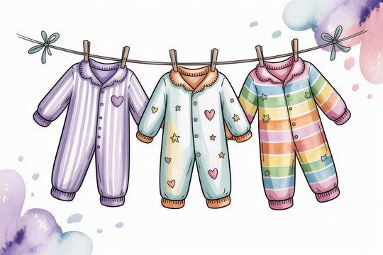 Adorable baby clothes onesies hanging on clothesline with hearts and stars pattern watercolor illustration