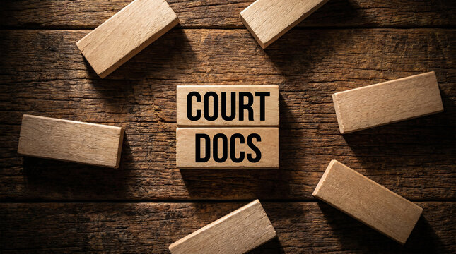 Court Docs Concept: Conceptual image showcasing 'Court Docs' on wooden blocks surrounded by other blocks arranged on a textured wooden surface, symbolizing legal concepts.