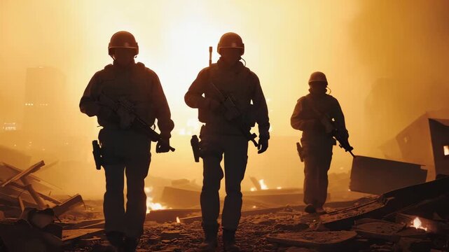 Silhouettes of three soldiers walking through a dusty war zone with fire and ruins in the background for, war concept