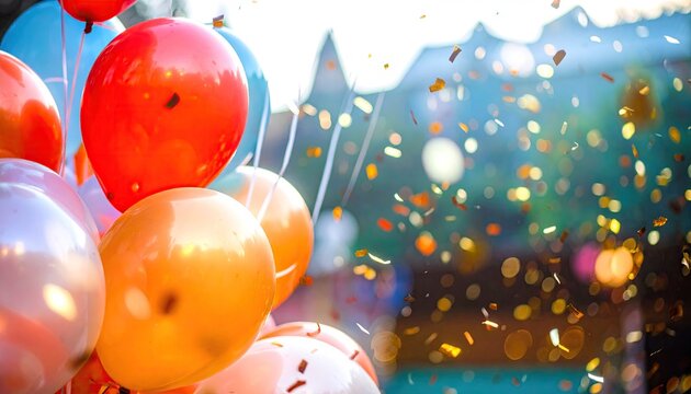 Colorful balloons floating with confetti creating a celebratory atmosphere