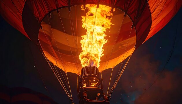 Close-up of a hot air balloon burner igniting a powerful flame.