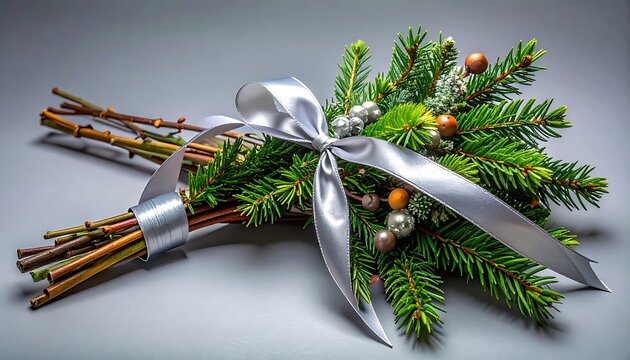 Festive winter bouquet with evergreen branches, natural twigs, and silver ribbon, decorated with berries and pinecones, set against a neutral background
