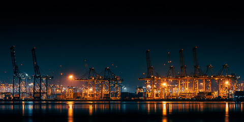 Fototapeta premium Seaport Nightscape: Industrial Transport Hub with Illuminated Cranes and Shipping Containers at Dusk