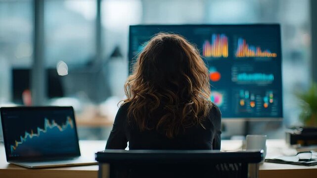 Rear view of young businesswoman working on laptop with graphs, charts, diagrams and schedules, seated at table in office
