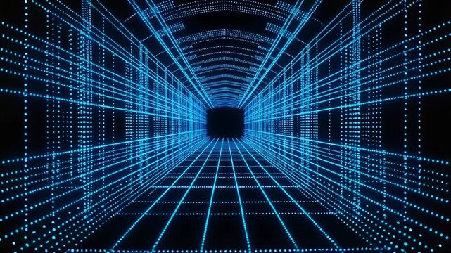Quantum Tunnel with Blue Digital Data Lines and Futuristic Grid Perspective