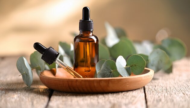 essential oil dropper above amber bottle in wooden bowl with eucalyptus leaves and soft light