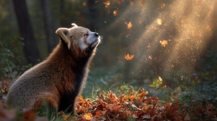 Obraz premium Red panda with reddish brown fur and white face sits alert in forest, gazing up as autumn leaves drift through sunbeams. Ground covered in fallen leaves blurred tree trunks behind. Warm, direc