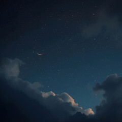Fototapeta premium Beautiful crescent moon in the dark night sky with shining stars and soft clouds, peaceful atmosphere of Islamic holiday night, Eid al-Adha and Ramadan concept background