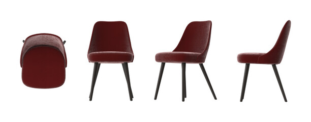 Fototapeta premium Modern burgundy velvet dining chair with black legs shown from multiple angles
