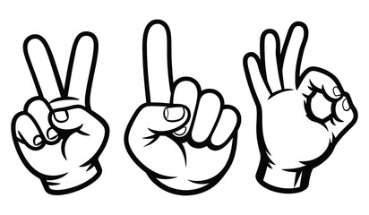 Fototapeta premium Bold Outline Cartoon Hand Gesture Collection, Sign Pointing Finger OK Symbol, two raised fingers, a single upward-pointing index finger