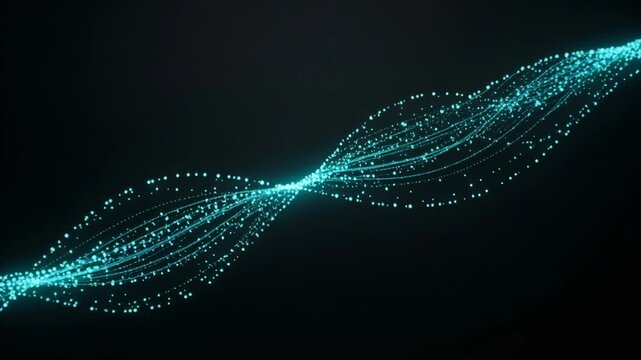 Quantum Wave of Glowing Digital Particles on Dark Background