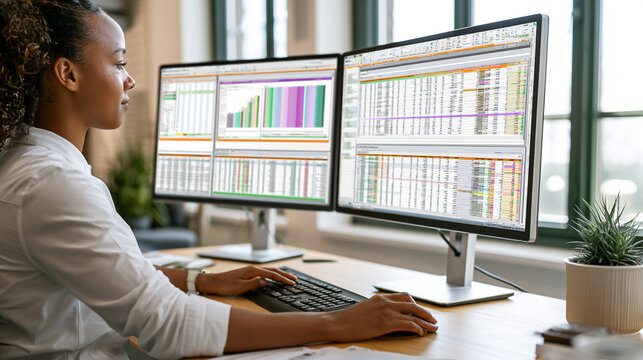 Multiscreen Workstation in a Modern Office: Professional Female Analyzing Financial Data, Charts, and Graphs for Enhanced Productivity and Investment Planning