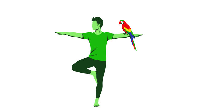 Person in yoga tree pose with colorful parrot on arm