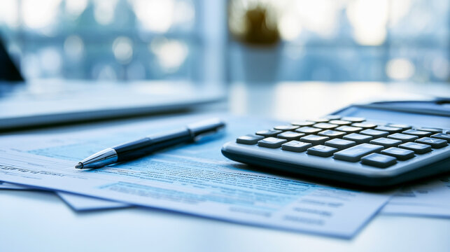 Modern Office Workstation for Financial Planning and Analytics: Calculator, Paperwork, and Accounting Tools for Efficient Business Management