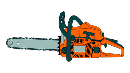 Naklejka premium Orange and black gasoline chainsaw with metal chain, isolated on transparent background 