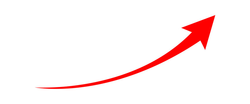 Rising up red curved long arrow chart graph concept of stock market business growth, financial profit, economic growth, increasing investment. Red flat business arrow. Vector illustration.