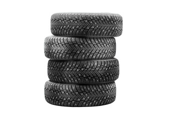 Stack of four winter car tires, snow tires set isolated on transparent background PNG © Julie