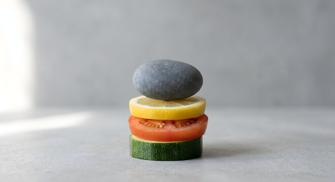 Zen Balanced Stack of Sliced Vegetables and Smooth Stone on Gray Background