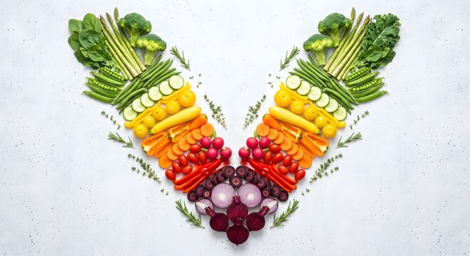Symmetric "V" Shape Knolling Arrangement of Fresh Colorful Vegetables on White