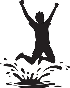 Silhouette of a person jumping in a puddle with splashing water Vector