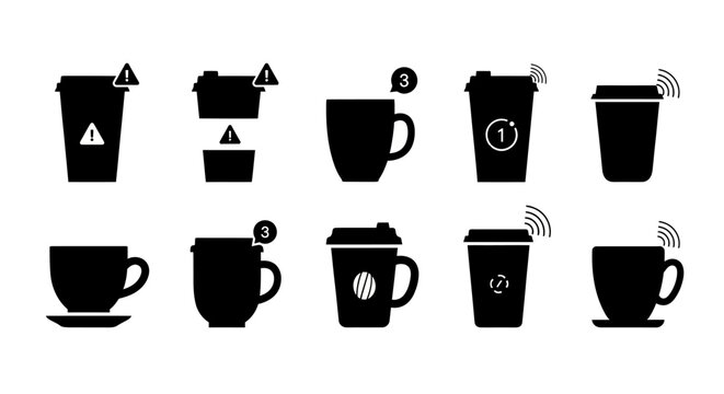 Smart coffee cups vector icon set, modern black silhouette illustrations for beverage technology and interactive drink concepts