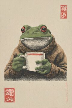 block print illustration frog wearing a brown turtleneck with a mug of coffee