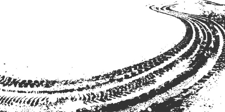 Curving off-road tire tracks winding through dirt and mud vector illustration with rough grunge texture.