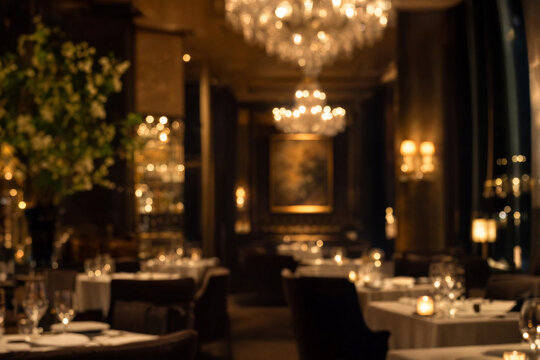 Blurred interior of a luxury fine dining restaurant with elegant chandeliers and set tables for a romantic evening background for hospitality and culinary marketing.