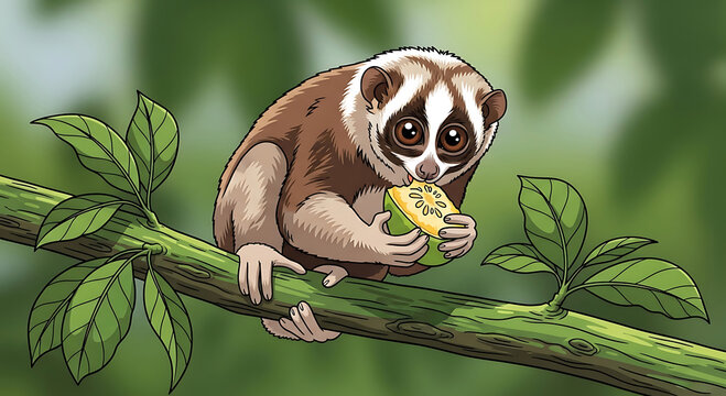 Slow loris eating fruit on branch