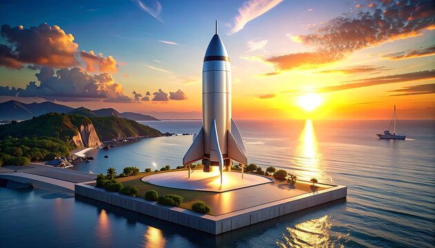 futuristic rocket ship standing on launchpad at sunset with ocean and tropical island background, space exploration concept