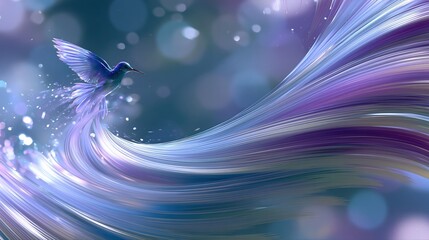 Naklejka premium Magical hummingbird with iridescent wings flying through flowing purple and blue light trails