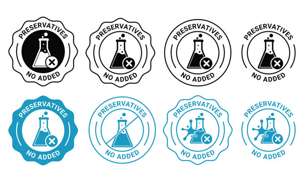 Set of No Added Preservatives Badges and Labels with Erlenmeyer Flask Icon for Food Packaging, Healthy Organic Products, and Cosmetic Certification