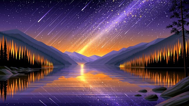 Vibrant Meteor Shower Over Serene Mountain Lake at Dusk
